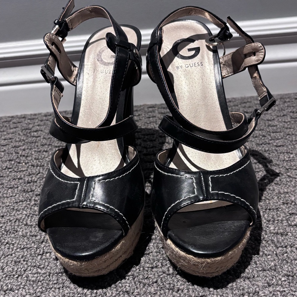 Guess Black Wedge Sandals with Tan Accents